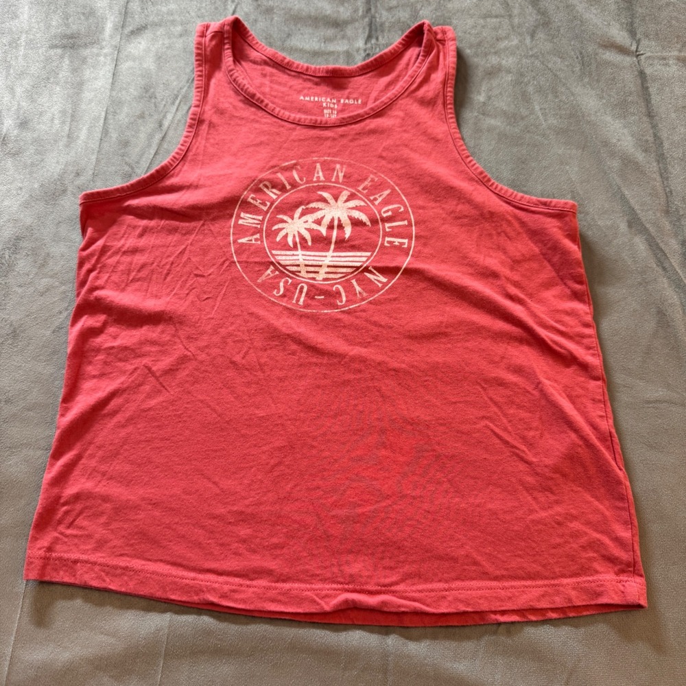 American Eagle Kids Tank Top Size 16 Red Palm Tree Graphic Coastal Summer